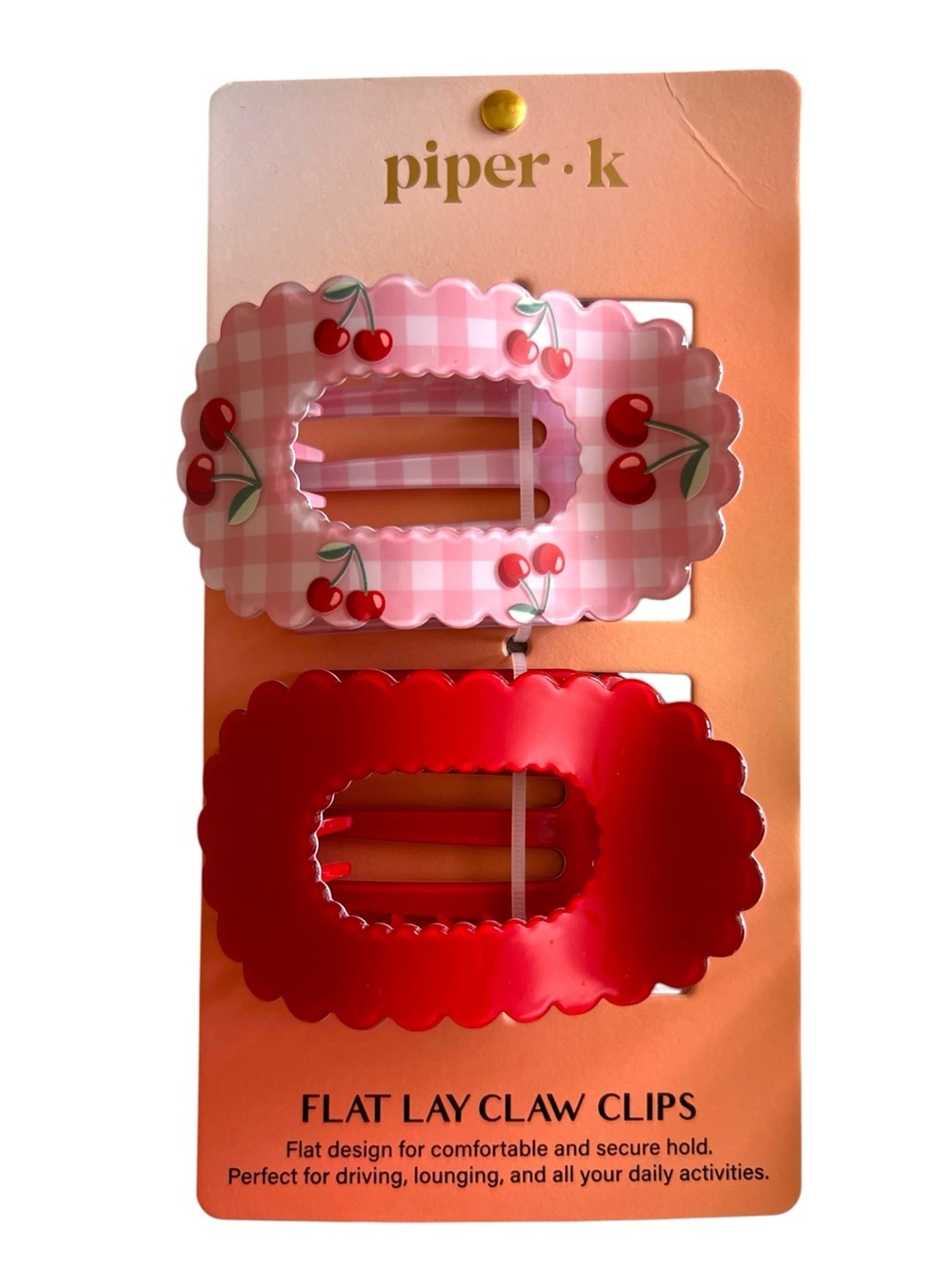 Piper K TikTok Viral Large Flat Lay Solid Red and Gingham Cherry Claw Hair Clips - Picture 2 of 3